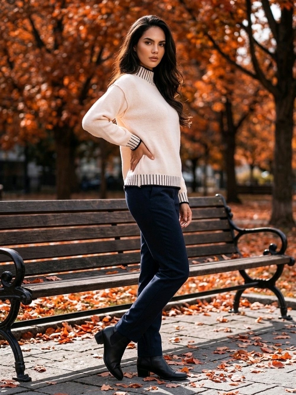 Cream Crewneck Sweater with Black Trim - Women's Sweater - Picture 13 of 15